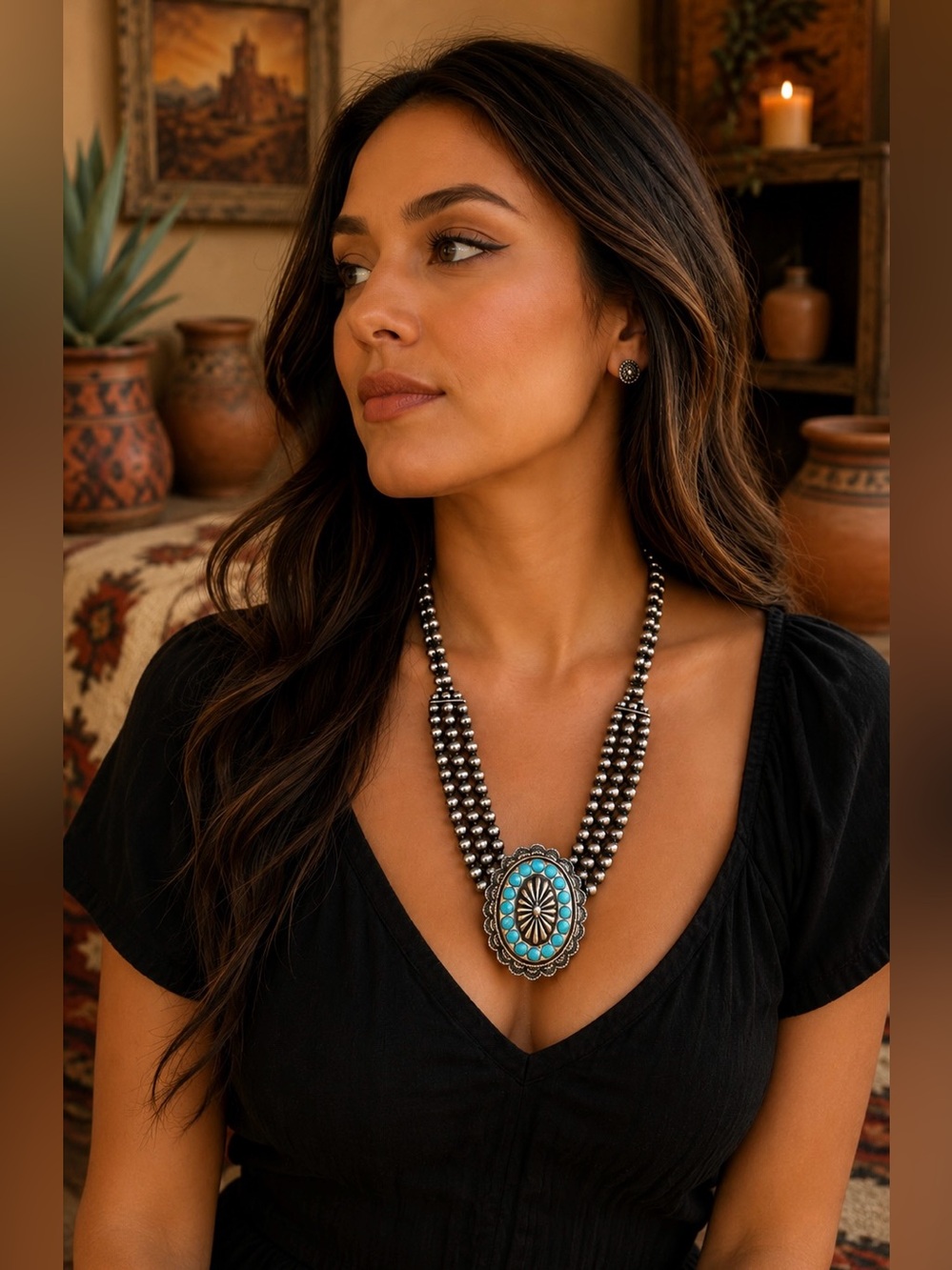 Southwest Western Faux Turquoise Navajo Pearl Inspired Concho Costume Necklace - Picture 4 of 5